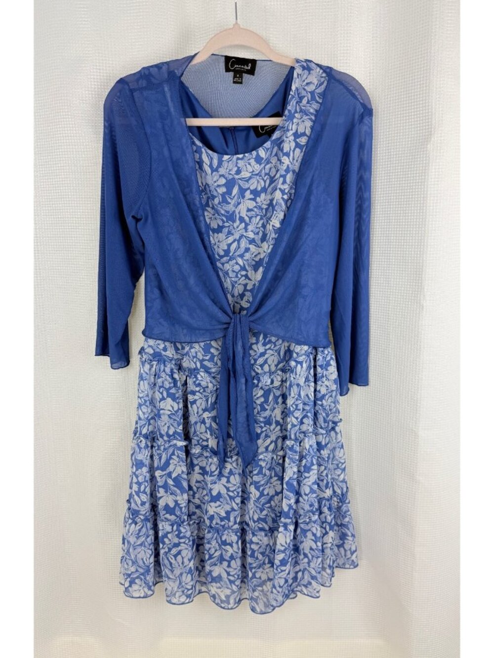 Connected Apparel Womens 8 Blue Floral Tiered Dress with Mesh Shrug 2 Piece Set
